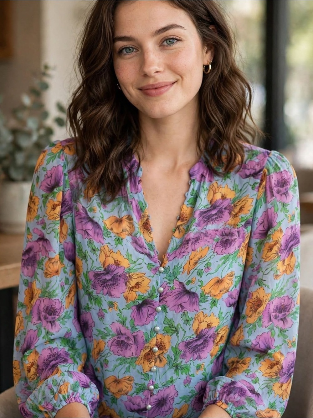Veronica Beard Floral Button-Front Long Sleeve Top in Light Blue
